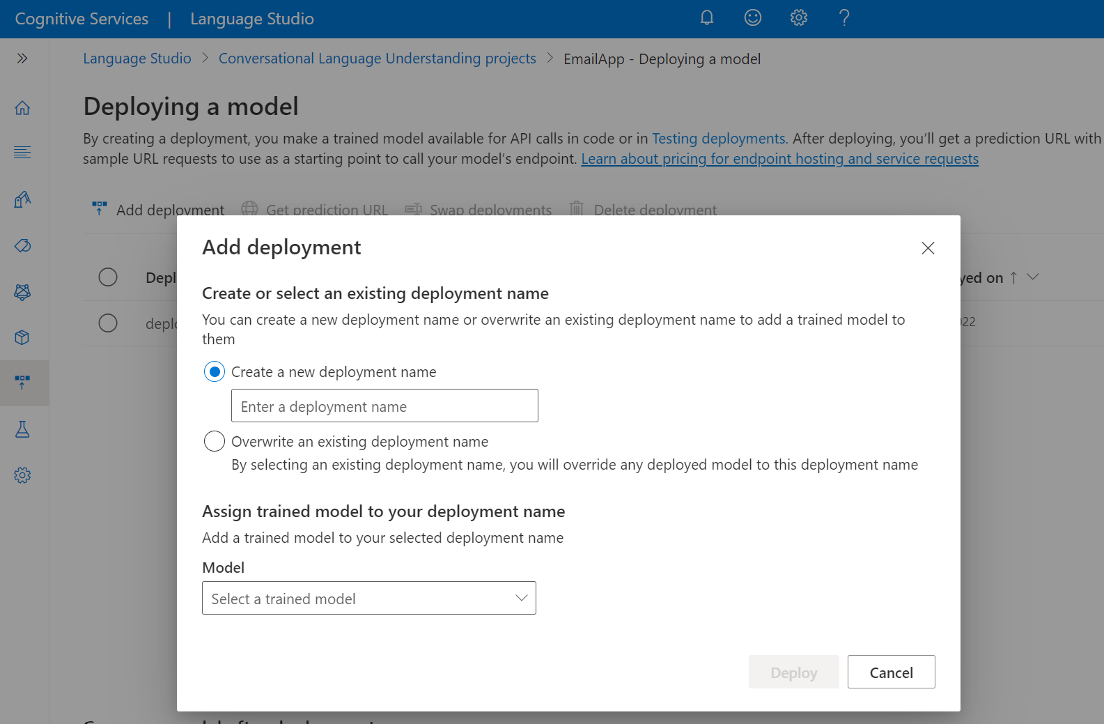 A screenshot showing the screen for adding a new deployment in Language Studio.