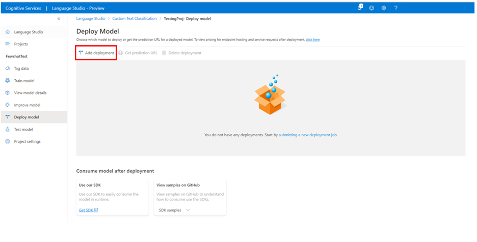 A screenshot showing the deployment button