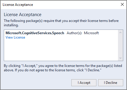 Snímek obrazovky s dialogovým oknem Přijetí licence