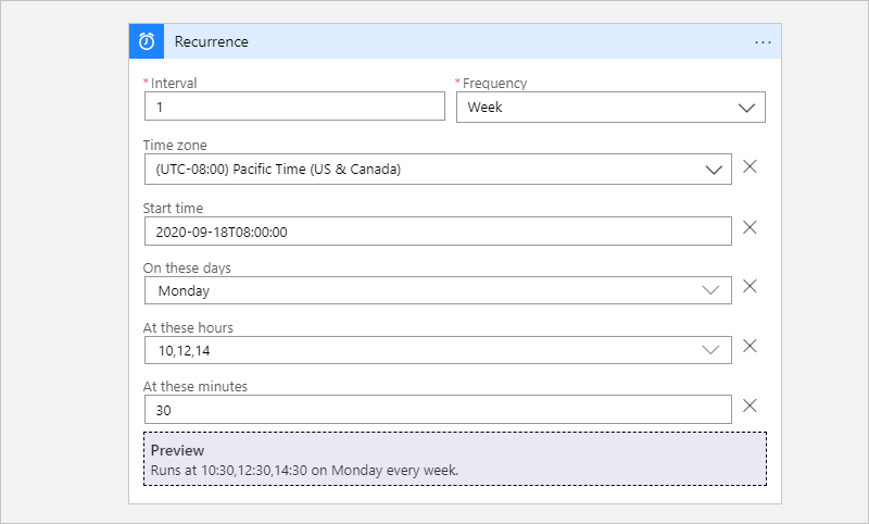 Screenshot showing Consumption workflow and Recurrence trigger with advanced scheduling example.