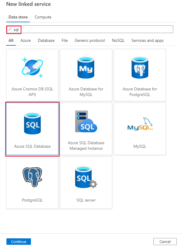 Vyberte konektor azure SQL Database.