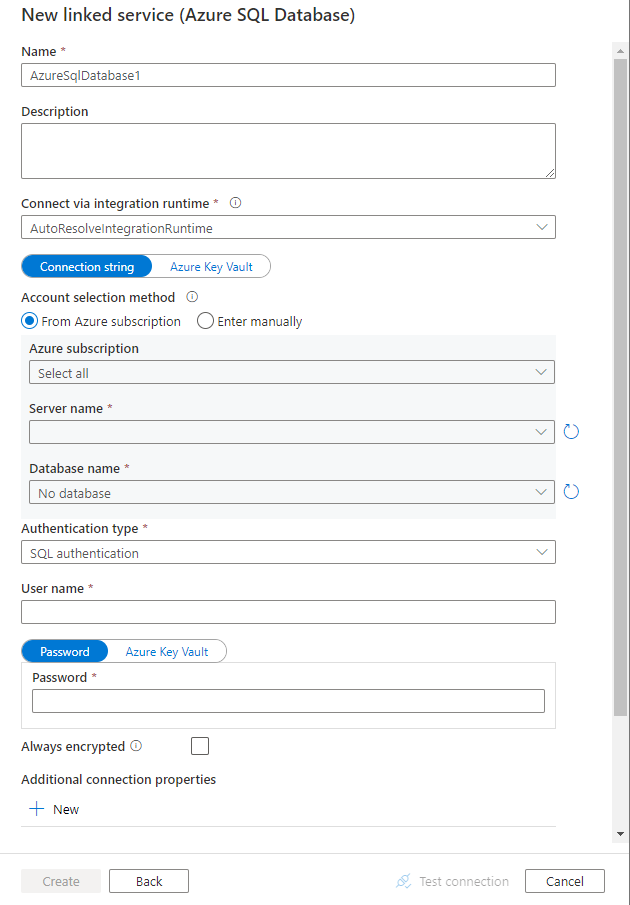 Snímek obrazovky s konfigurací propojené služby Azure SQL Database