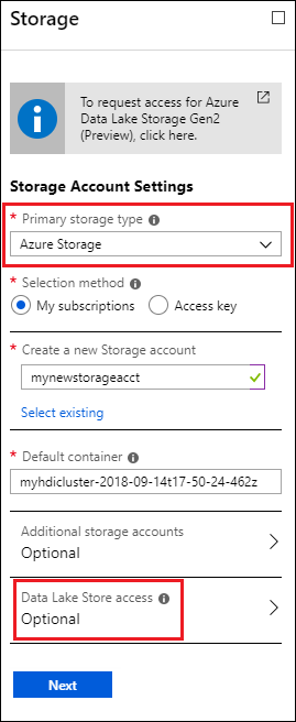 HDInsight storage account settings additional storage