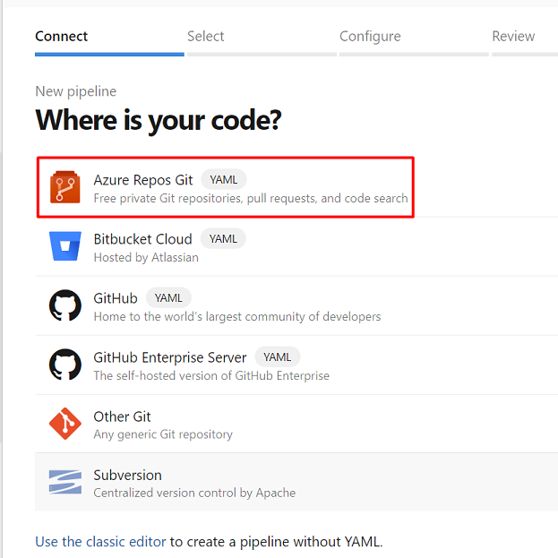 Snímek obrazovky znázorňující, kam přejít, vyberte Git úložiště Azure.