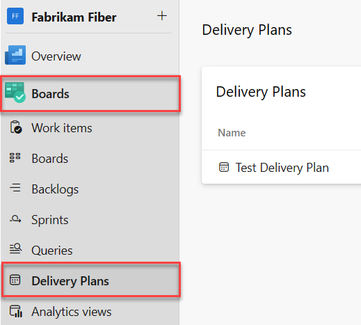 Snímek obrazovky s oblastí Delivery Plans (Plány doručení) v Azure Boards