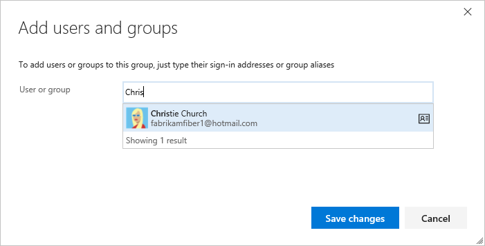 Snímek obrazovky s dialogovým oknem Přidat uživatele a skupinu, aktuální stránka
