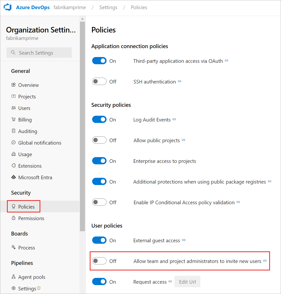 Turn policy off to limit Team and Project administrators from inviting new users