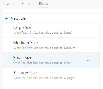 Snímek obrazovky se čtyřmi vlastními pravidly pro nastavení hodnoty Velikost při nastavení velikosti trička