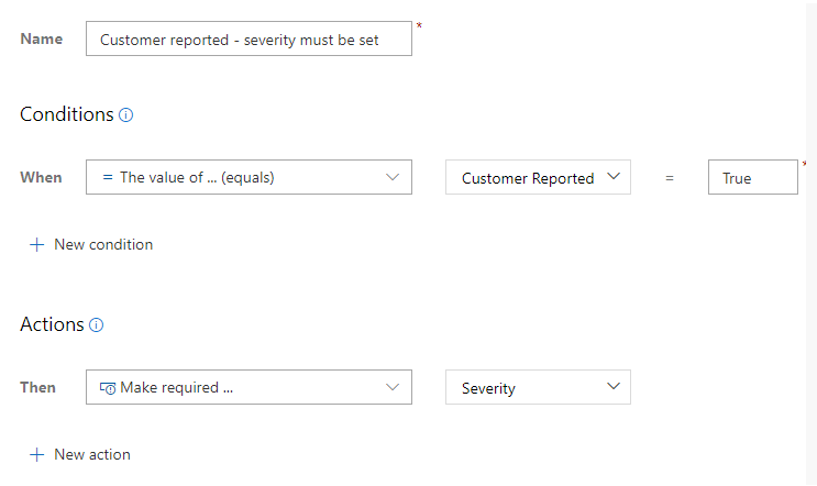 Snímek obrazovky s vlastním pravidlem, které vyžaduje závažnost, když pole Customer REported field=true