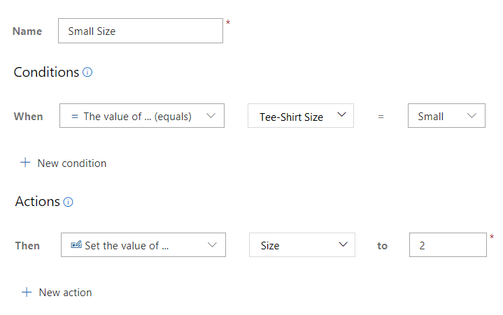 Snímek obrazovky s vlastním pravidlem, které nastaví hodnotu Velikost, když je Tee-Shirt Size (Velikost trička) nastavená na Small (Malá).