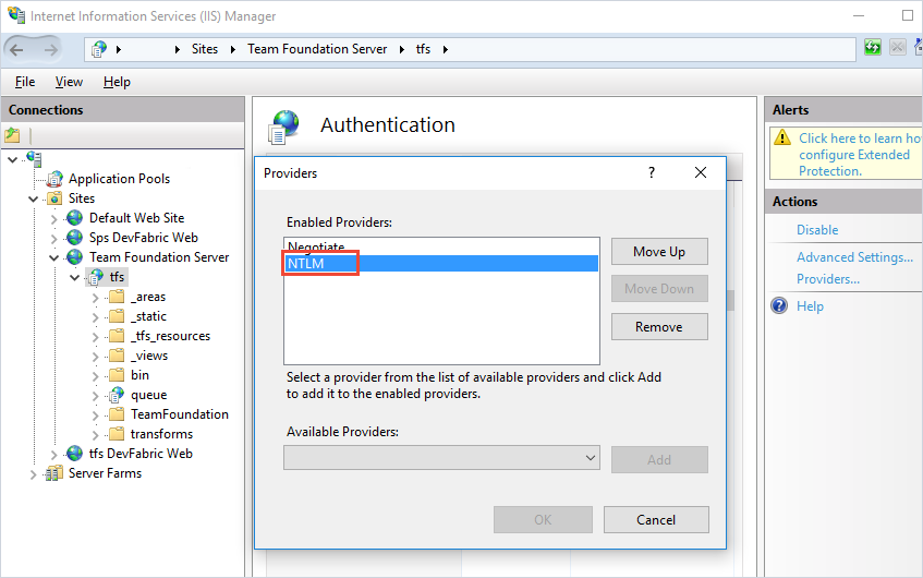 Screenshot of IIS TFS windows authentication with NTLM provider configuration.