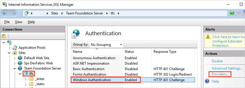 Screenshot of IIS TFS windows authentication configuration.