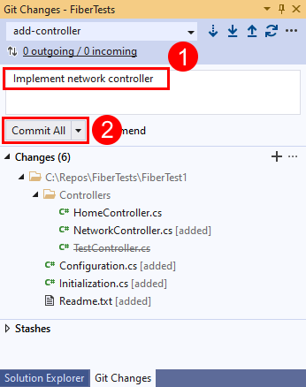 Snímek obrazovky s možností Potvrdit vše v okně Git Changes v sadě Visual Studio