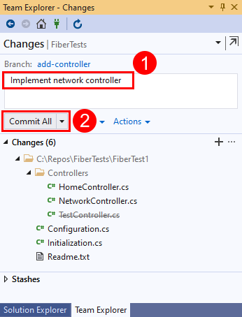 Snímek obrazovky s možností Potvrdit vše v zobrazení Změny v Team Exploreru v sadě Visual Studio 2019