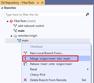 Snímek obrazovky s možností Sloučit v místní nabídce větve v okně úložiště Git v sadě Visual Studio