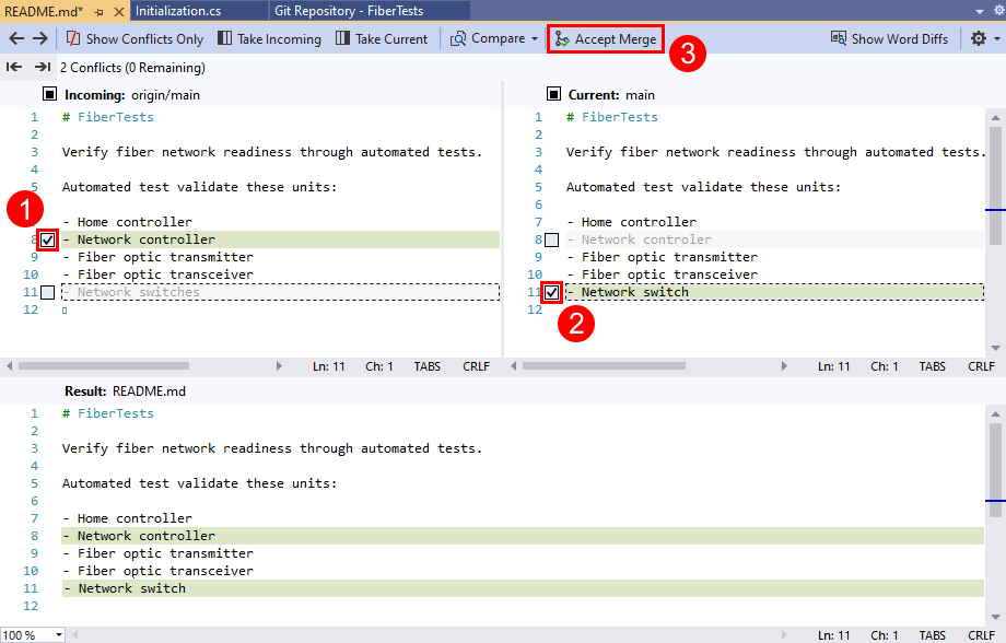 Snímek obrazovky s editorem sloučení v sadě Visual Studio