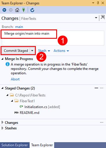 Snímek obrazovky s tlačítkem Commit Staged v zobrazení Změny v Team Exploreru v sadě Visual Studio 2019