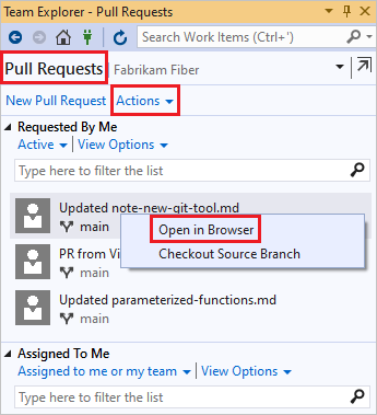 Snímek obrazovky se seznamem P R v Nástroji Visual Studio Team Explorer