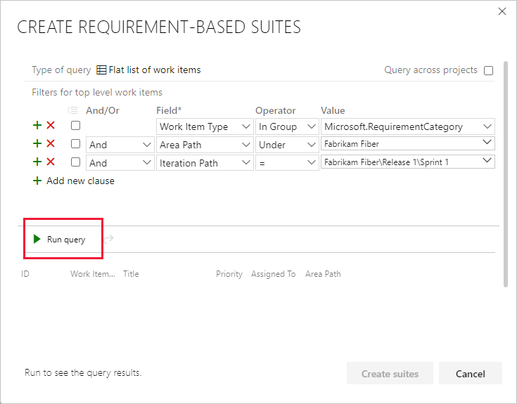 Snímek obrazovky ukazuje přidání klauzulí pro filtrování podle iterace a spuštění dotazu pro zobrazení výsledků pro Azure DevOps Server 2020 a Azure DevOps Services.