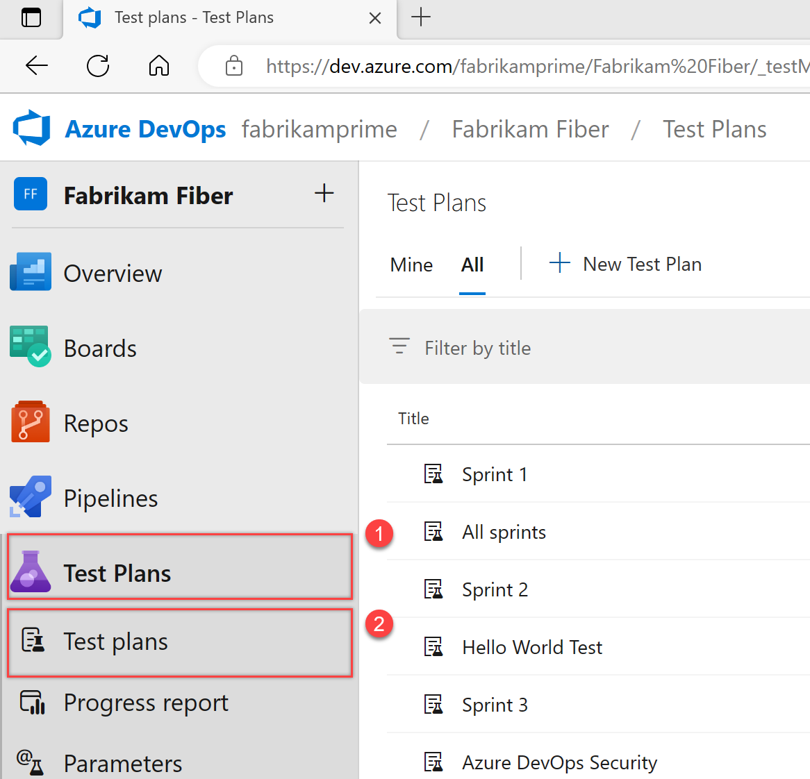 Snímek obrazovky s otevřením seznamu testovacích plánů pro Azure DevOps Server 2020 a Azure DevOps Services