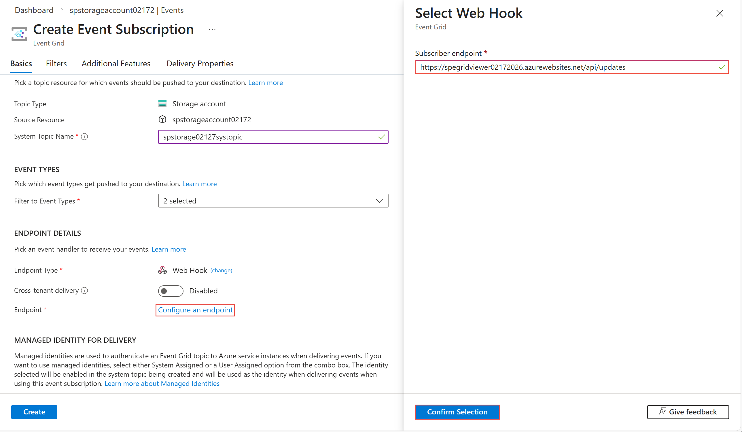 Screenshot showing the Select Web Hook page.