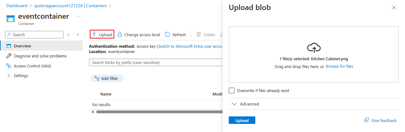 Screenshot showing Upload blob page.