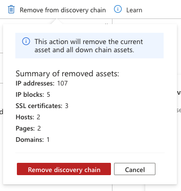 Screenshot that shows the box that prompts users to confirm the removal of the current asset and all downstream assets, with a summary of the other assets that will be removed with this action.