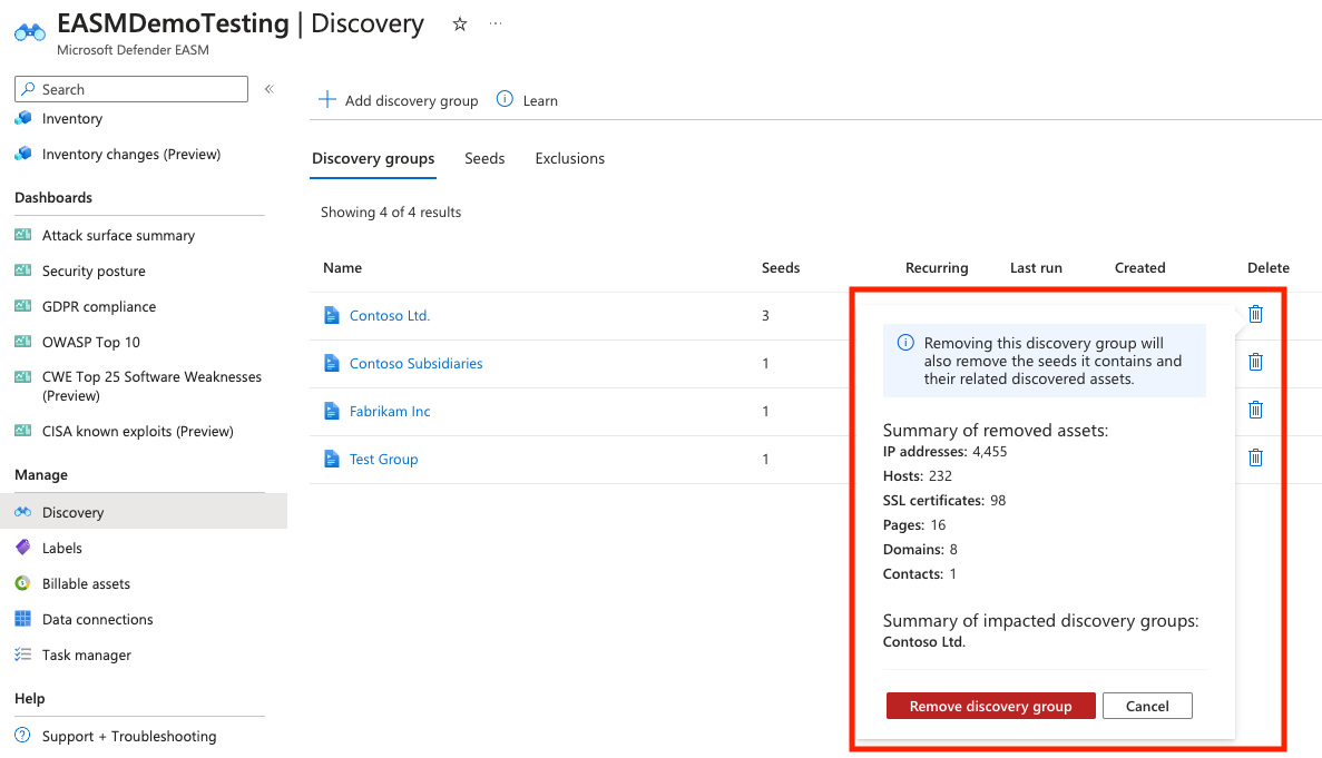 Screenshot that shows the Discovery management page, with the warning box that appears after electing to delete a group highlighted.