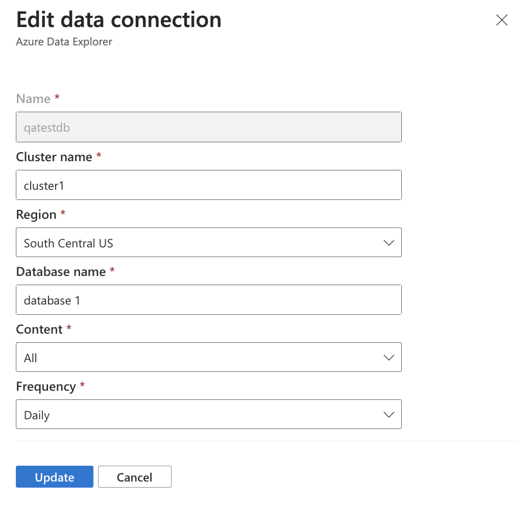 Snímek obrazovky znázorňující obrazovku Přidat datové připojení pro Azure Data Explorer