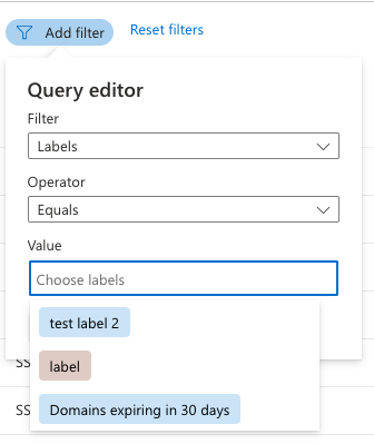 Screenshot that shows the query editor used to apply filters, displaying the Labels filter with possible label values in a dropdown list.