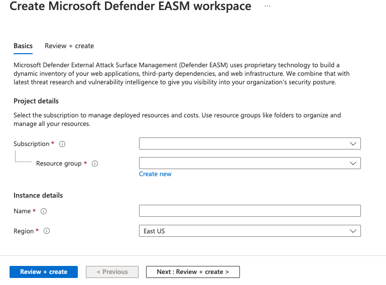 Screenshot that shows the Create Microsoft Defender EASM workspace Basics tab.