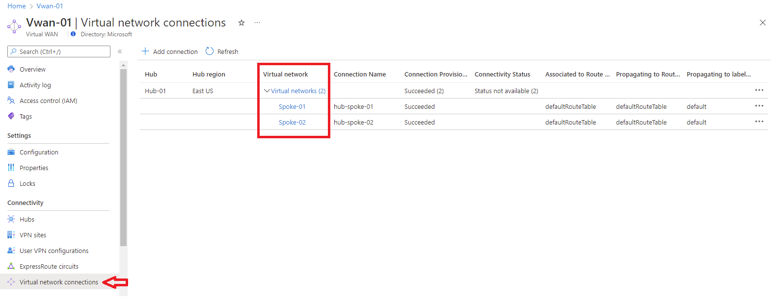 Screenshot of adding Virtual Network connections.