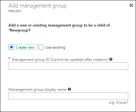 Snímek obrazovky s možnostmi Přidat skupinu pro správu pro vytvoření nové skupiny pro správu