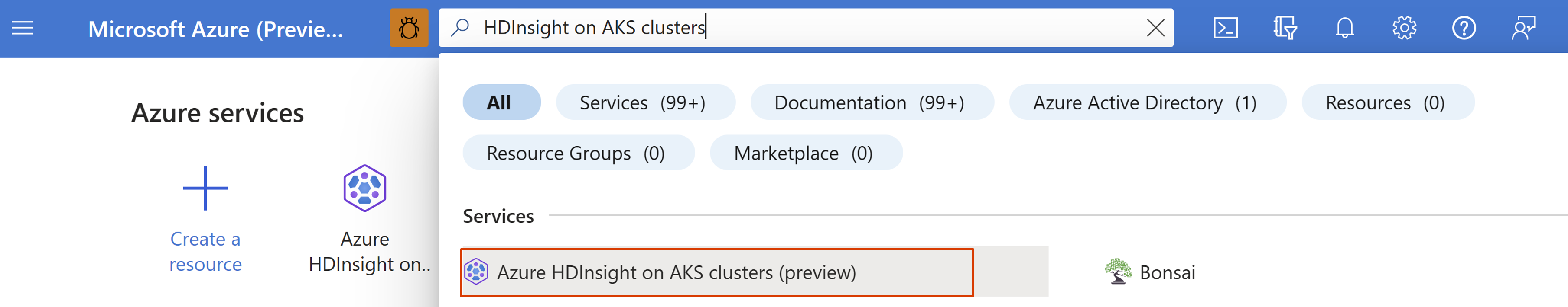 Snímek obrazovky s možností hledání pro zahájení práce se službou HDInsight v clusteru AKS
