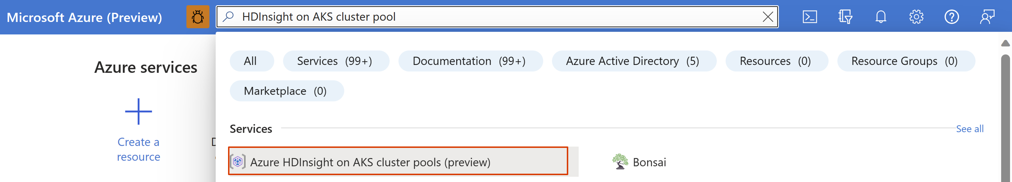 Snímek obrazovky znázorňující panel hledání na webu Azure Portal