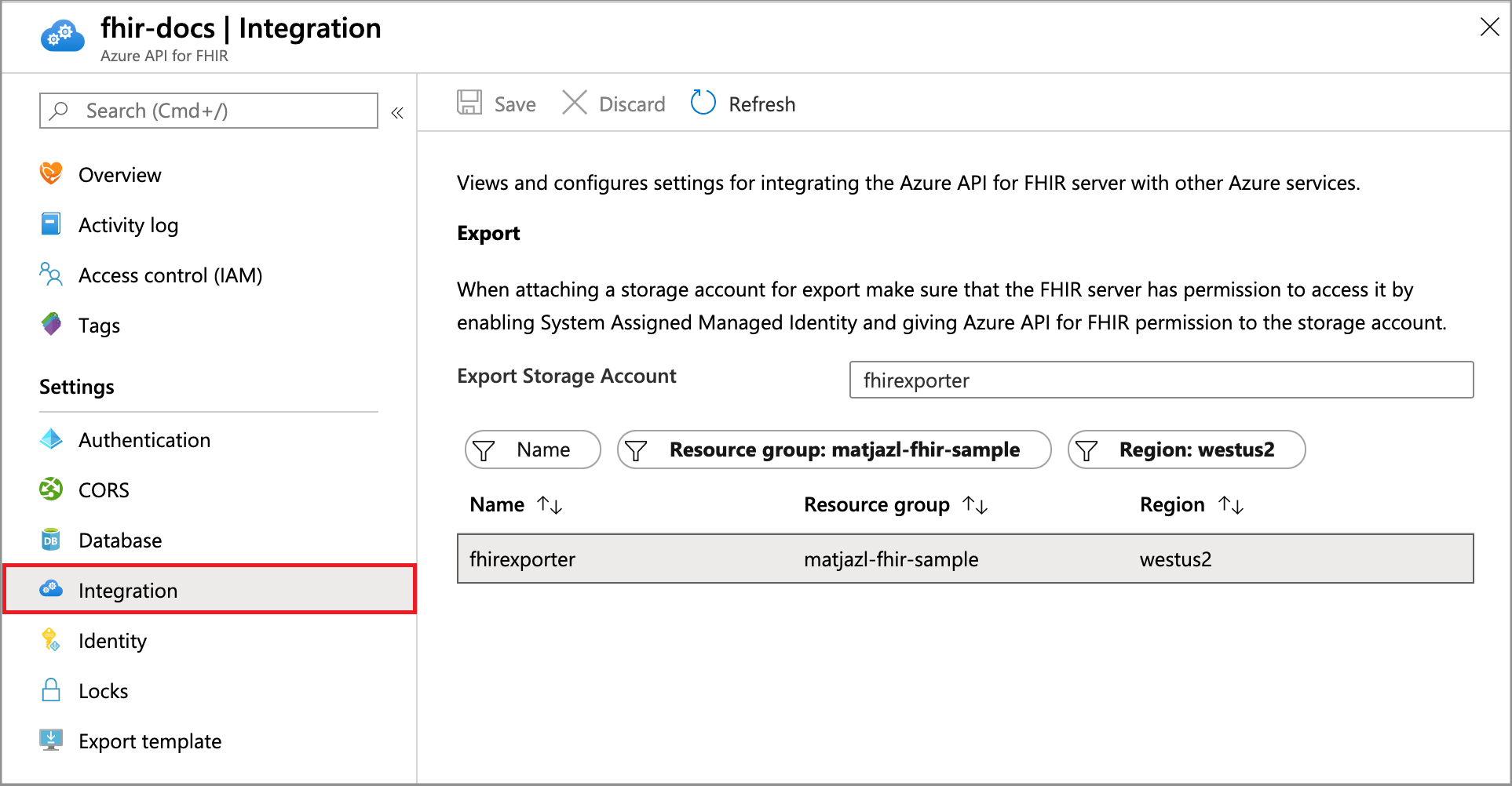 Screen shot showing user interface of FHIR Export Storage.