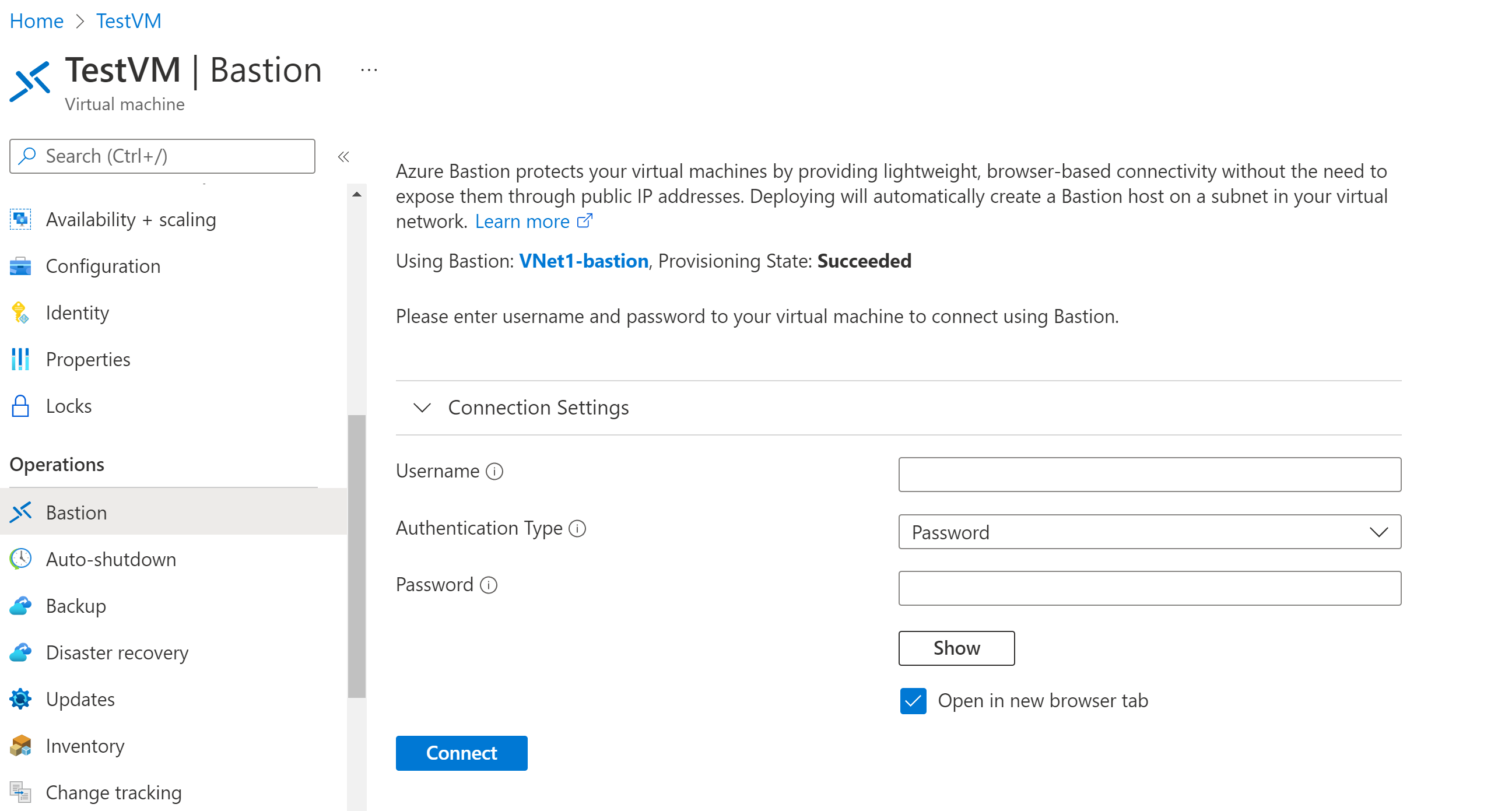 Snímek obrazovky s nastavením připojení služby Azure Bastion