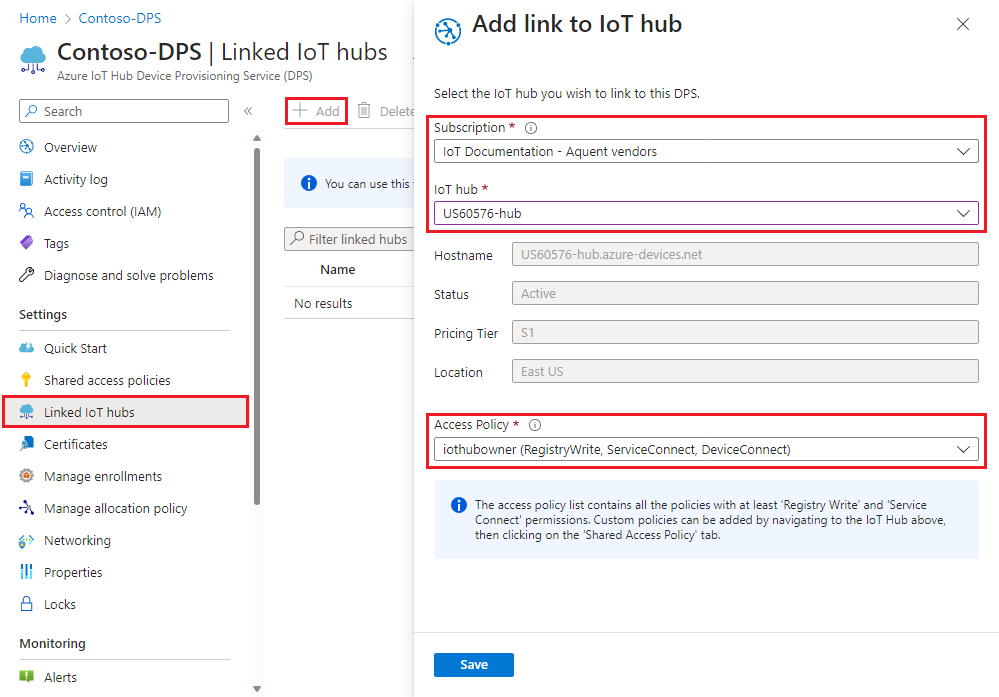 Screenshot showing how to link an IoT hub to the Device Provisioning Service instance in the portal blade.