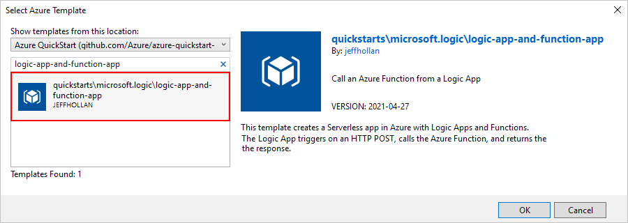 Snímek obrazovky s oknem Vybrat šablonu Azure s vybraným umístěním šablon Rychlý start Azure a vybranou možností quickstarts\microsoft.logic\logic-app-and-function-app