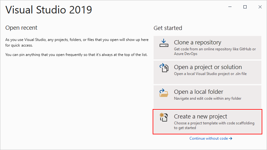 Snímek obrazovky znázorňující úvodní okno sady Visual Studio s vybranou možností Vytvořit nový projekt