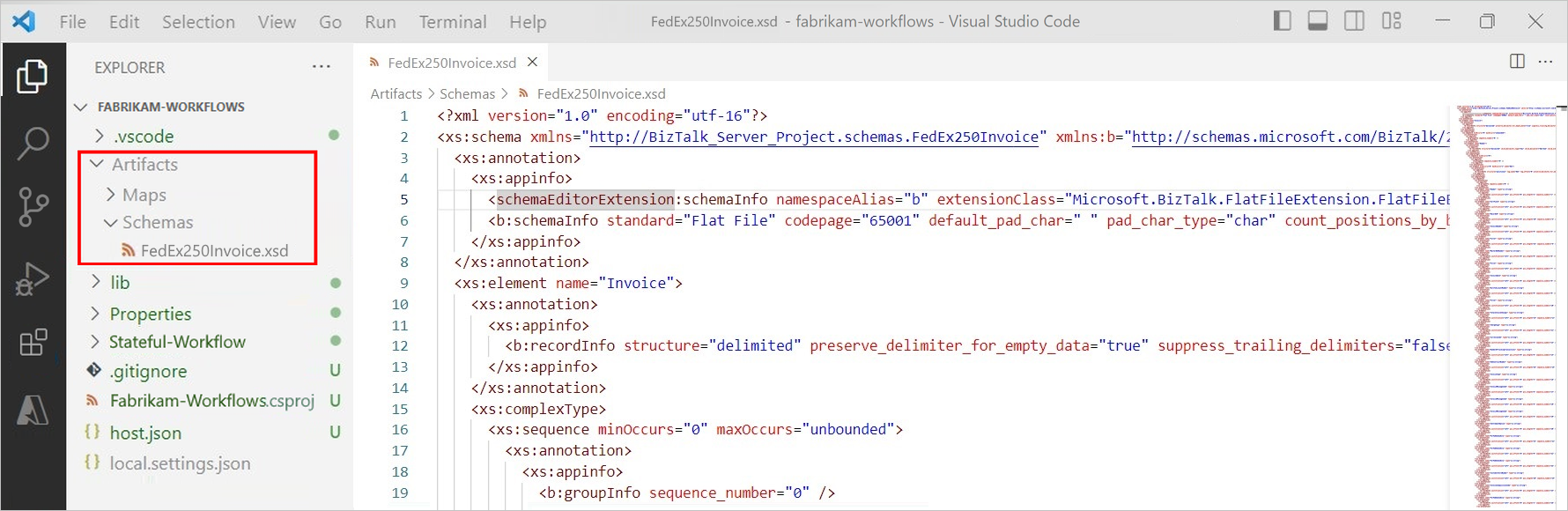 Snímek obrazovky znázorňující hierarchii projektu editoru Visual Studio Code s rozbalenými složkami Artifacts a Schemas