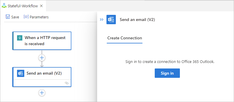 Snímek obrazovky ukazuje akci s názvem Odeslat e-mail (V2) s vybraným tlačítkem pro přihlášení.