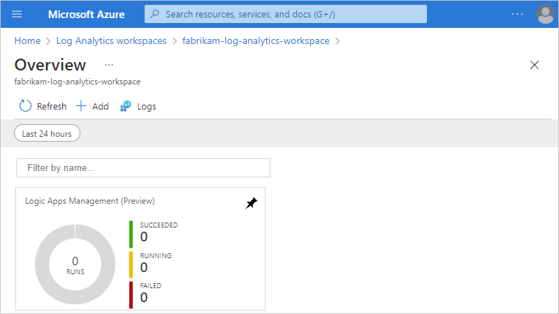 Snímek obrazovky znázorňující Azure Portal, podokno souhrnu pracovního prostoru s řešením pro správu Logic Apps
