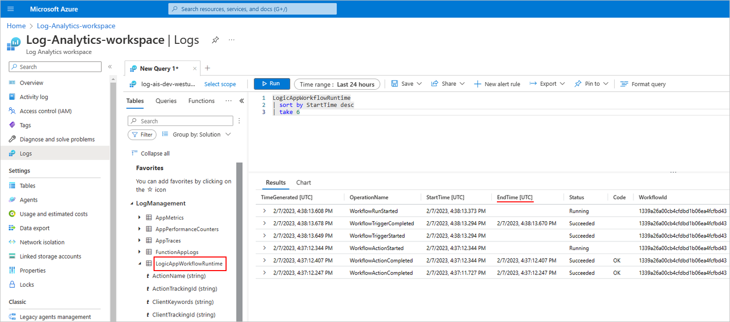 Snímek obrazovky znázorňující Azure Portal, pracovní prostor služby Log Analytics a zachycenou telemetrii pro spuštění pracovního postupu aplikace logiky úrovně Standard