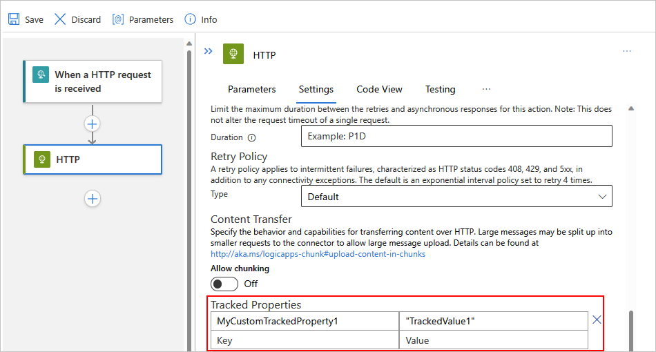 Snímek obrazovky znázorňující Azure Portal, návrháře standardního pracovního postupu a akci HTTP se sledovanými vlastnostmi