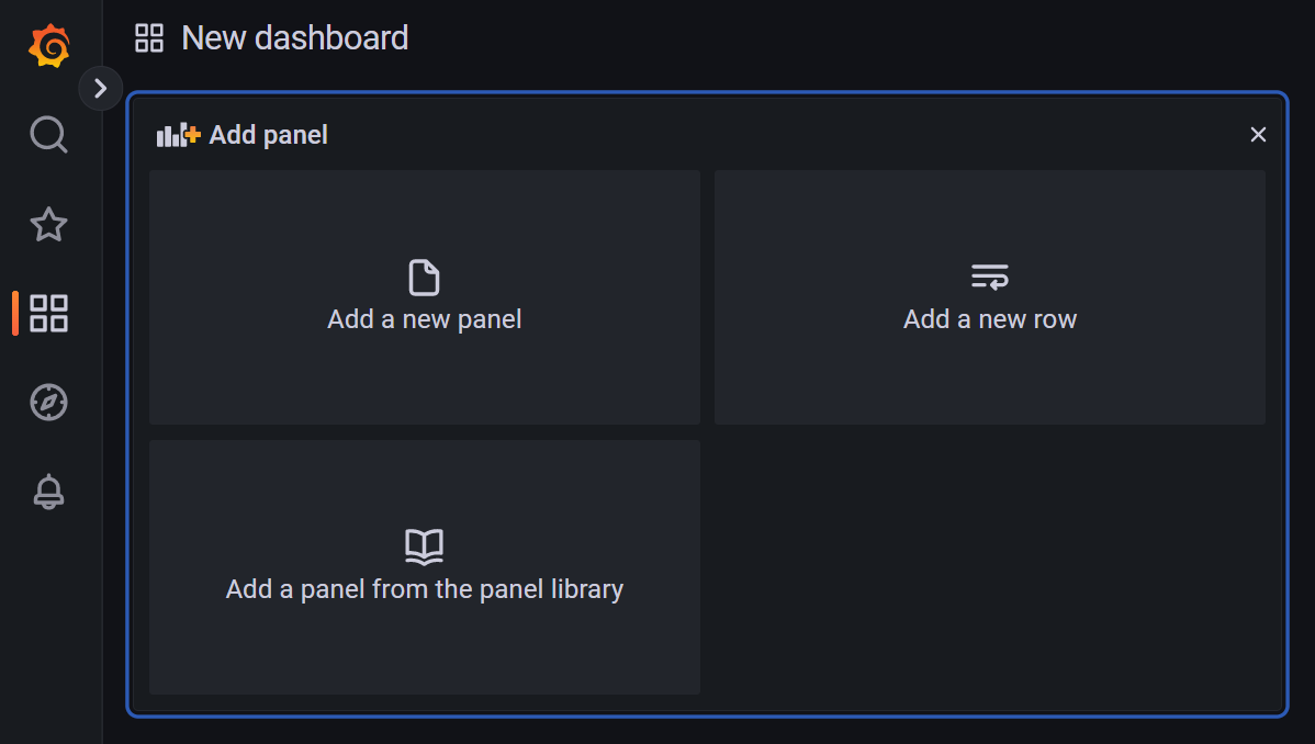 Snímek obrazovky s instancí Grafany Vytvořte nový řídicí panel.