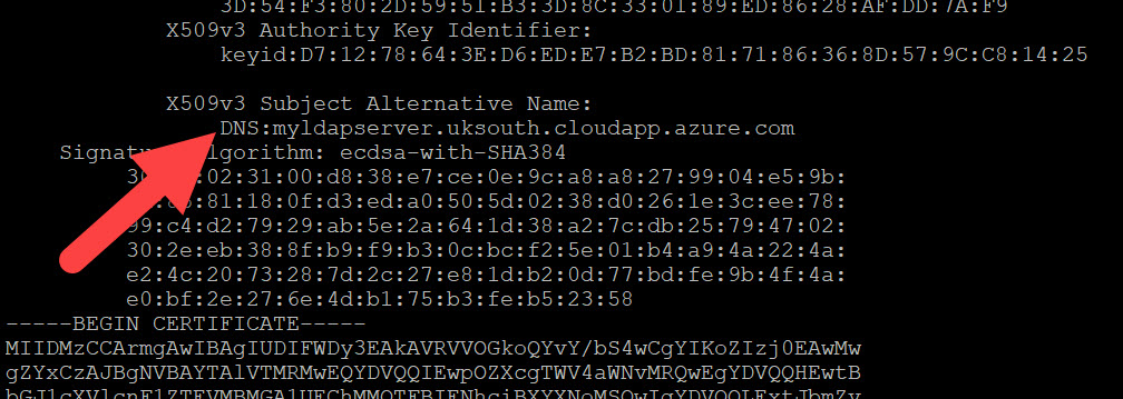 Screenshot of output from command to verify certificate.