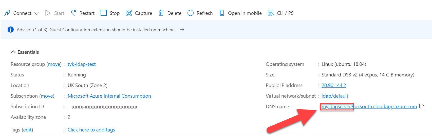 Screenshot of virtual machine d n s name in Azure portal.