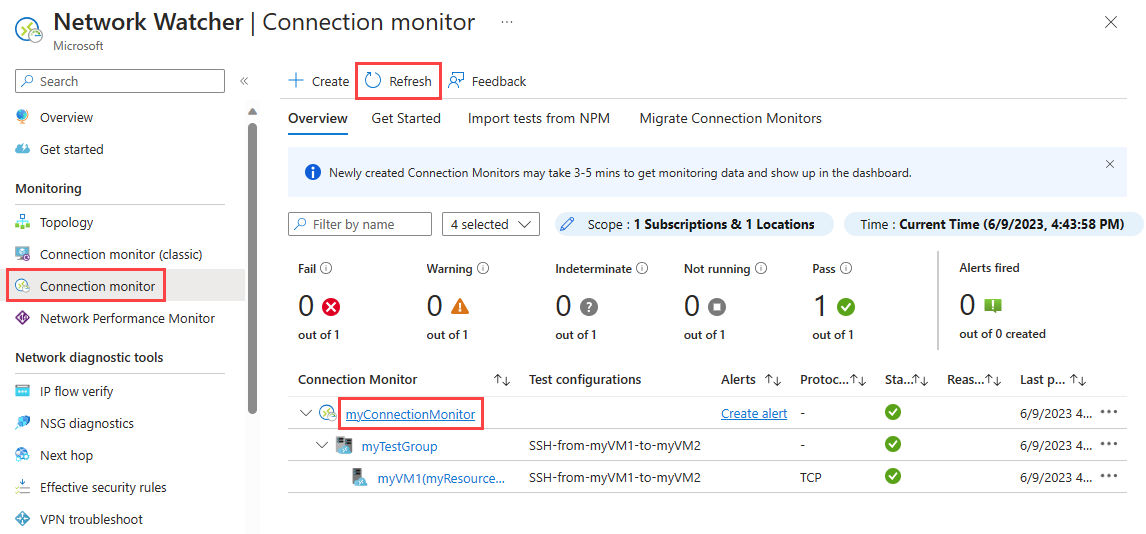 Screenshot shows the new connection monitor that you've just created.