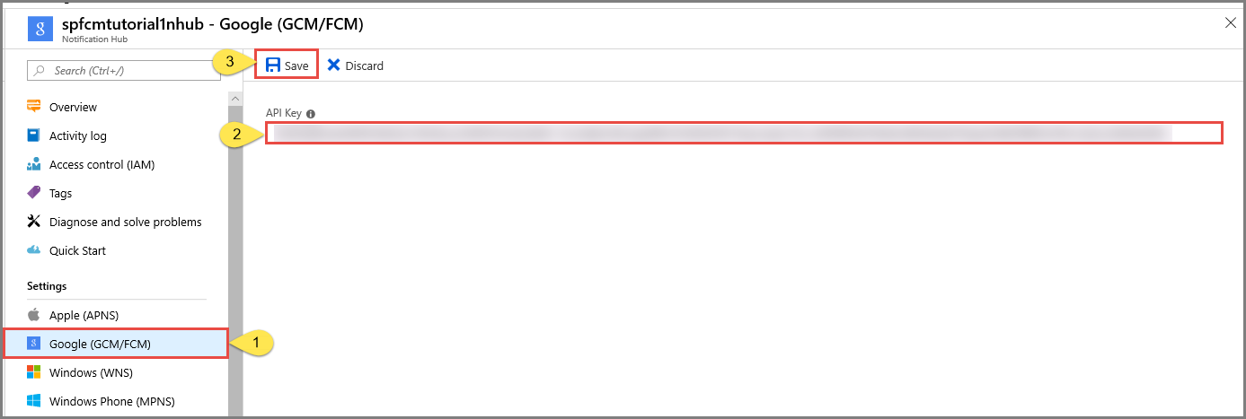 Snímek obrazovky, který ukazuje, jak nakonfigurovat Notification Hubs pro Google FCM